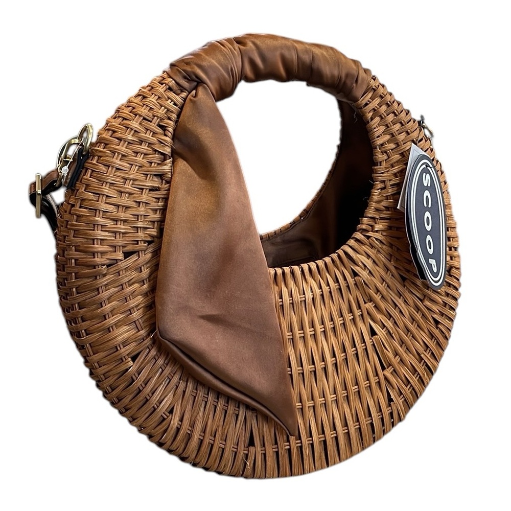 SCOOP LARGE STRAW CRESCENT CROSSBODY WITH SCARF ACCENT BROWN - Picture 1 of 13